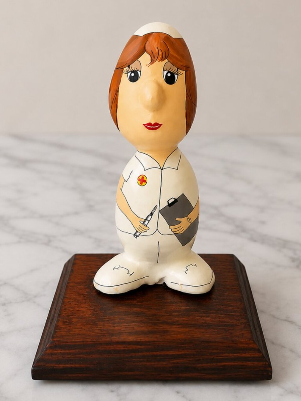 Signed Dated Rockheads Nurse Figurine on Wood Base 5.7" Hand Painted Vintage